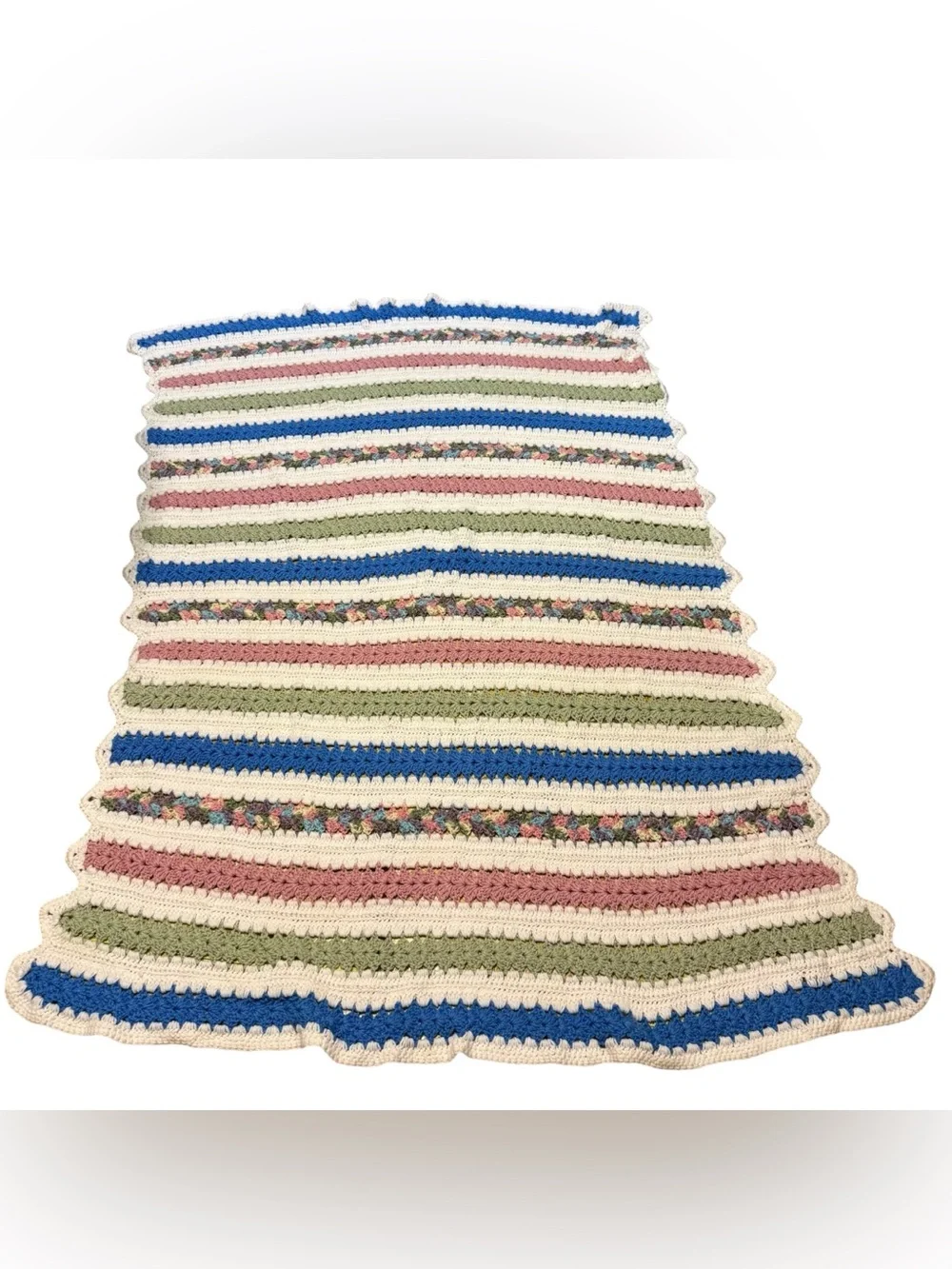 Vintage Crochet Knit Afghan Blanket Handmade Granny Blue Green Pink White 71x55”